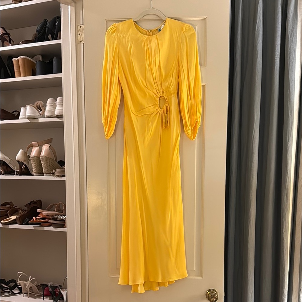 FARM Rio Yellow Midi Dress with Bishop Sleeves